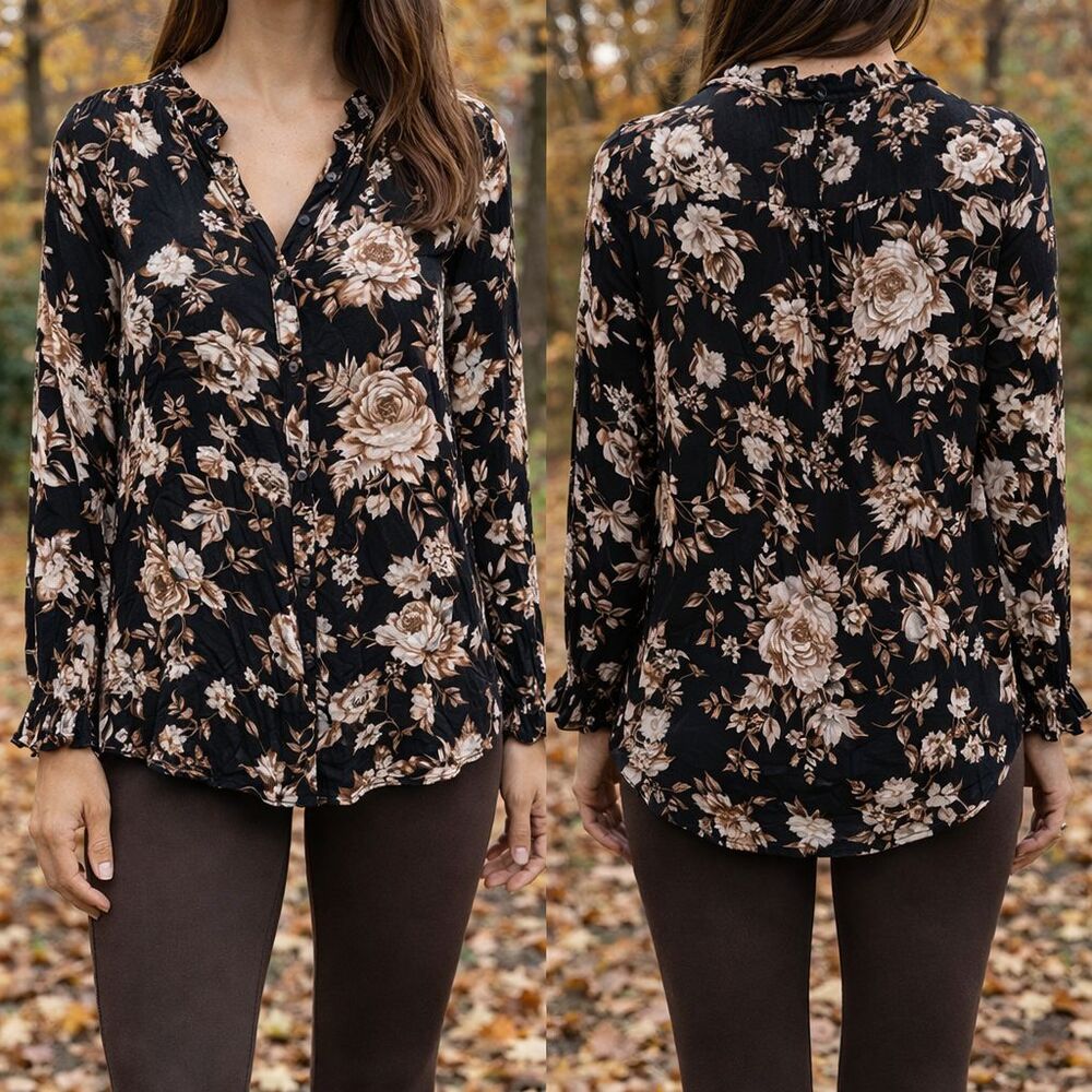 Olivaceous Floral Button Up Blouse Small Black Brown Boho Long Sleeve Top